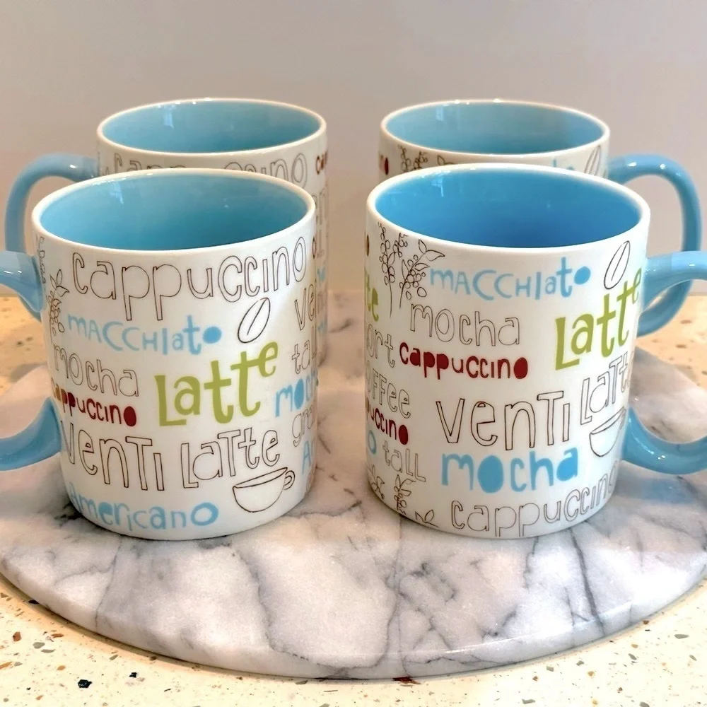 Vintage 2007 Starbucks Blue‎ Coffee Script Large Coffee Mug Set